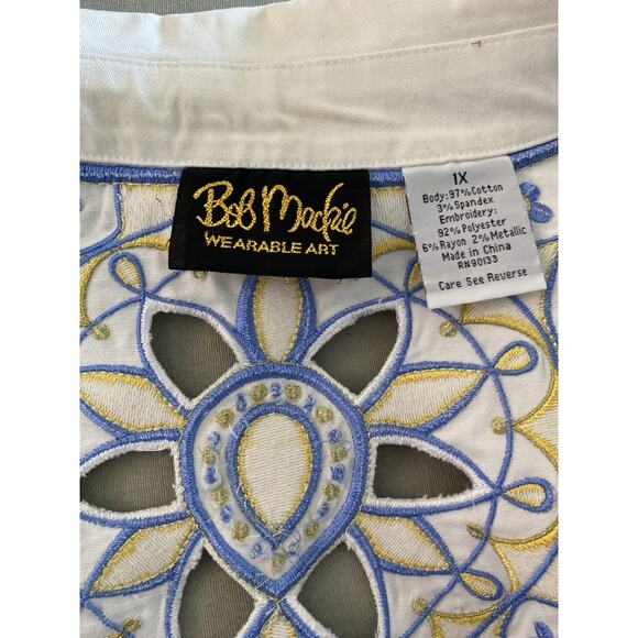 Bob Mackie Wearable Art Jacket 1X White Cut Out Embroidered Full Zip Blue Yellow - Picture 5 of 8